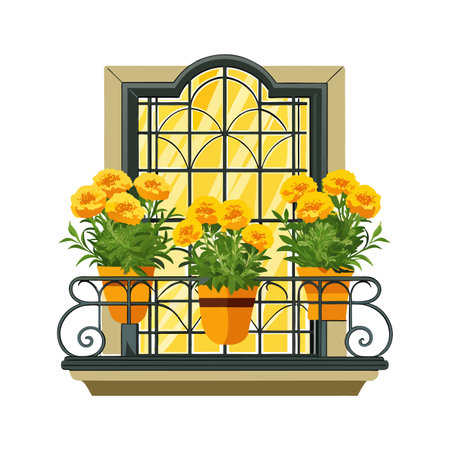 Balcony Window Box with Marigolds and Decorative Iron Railing Illustrationのイラスト素材