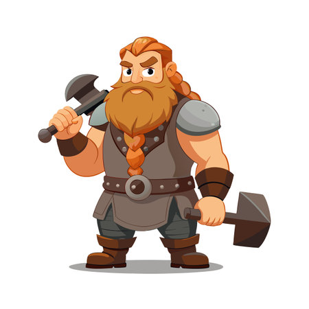 Cartoon dwarf warrior with axes, red beard, and medieval armorのイラスト素材