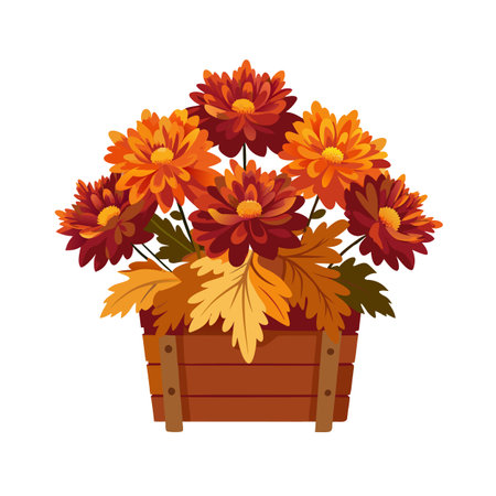 Autumn Chrysanthemums in Wooden Planter, Fall Flowers and Leaves Arrangementのイラスト素材