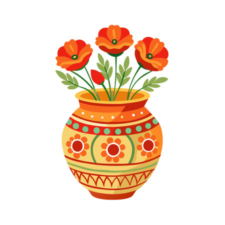 Decorative Vase with Abstract Red Flowers and Leaves, Folk Art Styleのイラスト素材