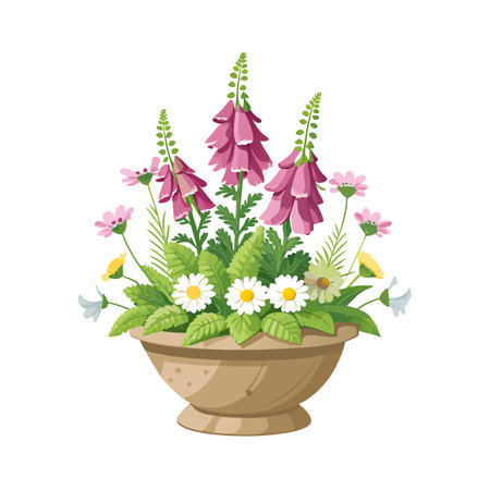 Floral arrangement with foxgloves, daisies, and cosmos in a pot illustrationのイラスト素材