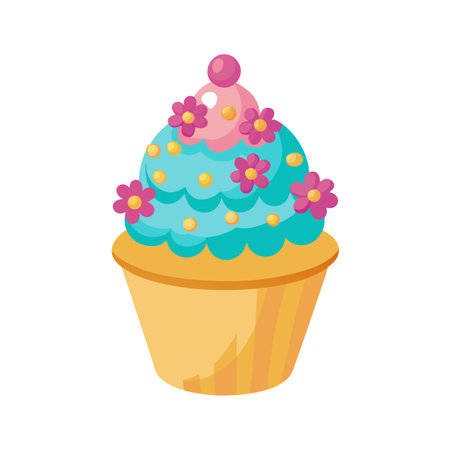Cartoon Cupcake with Pink Flowers, Blue Frosting, and Cherry Topping Illustrationのイラスト素材