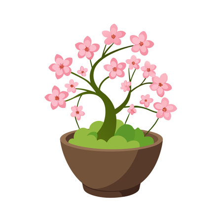 Cartoon Potted Bonsai Cherry Tree with Pink Flowers Vector Illustrationのイラスト素材