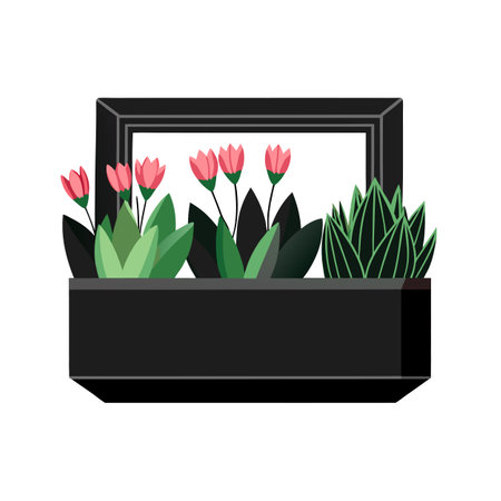 Black Window Box Planter with Pink Flowers and Succulent Plantsのイラスト素材