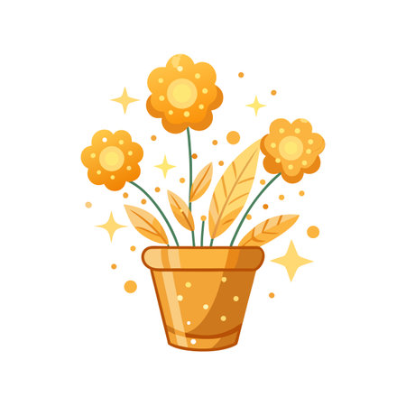 Golden Yellow Flower Pot Illustration with Stars, Cute and Cheerful Graphicのイラスト素材