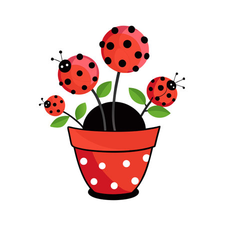 Ladybug Flower Pot Illustration: Cute Cartoon Ladybugs in a Red Pot with Leavesのイラスト素材