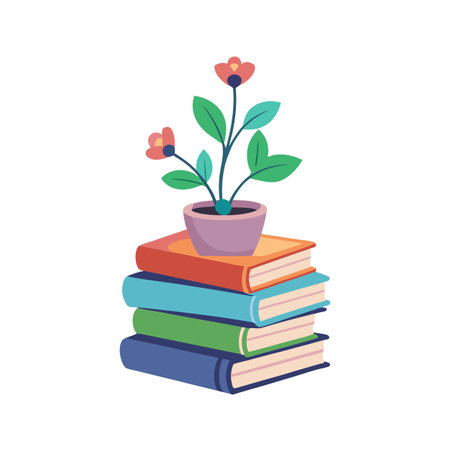 Stack of Books with a Flower Pot: Education, Growth, and Knowledgeのイラスト素材