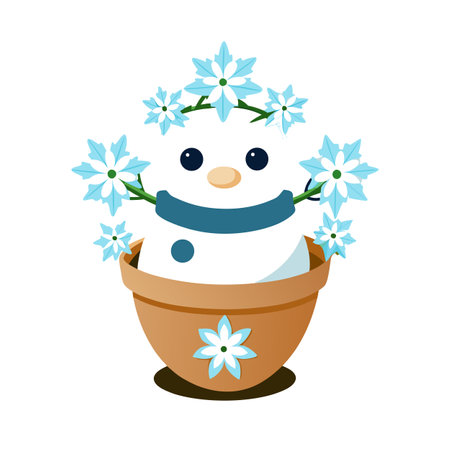 Cute Cartoon Snowman in a Flower Pot with Snowflake Decorations, Winter Illustrationのイラスト素材