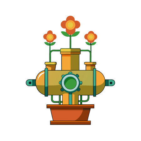 Retro-Futuristic Flower Power Machine: Illustration of Orange Flowers in a Steampunk Designのイラスト素材