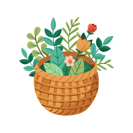 Vector Illustration: Flowers and Greenery in Woven Basket, Floral Arrangementのイラスト素材