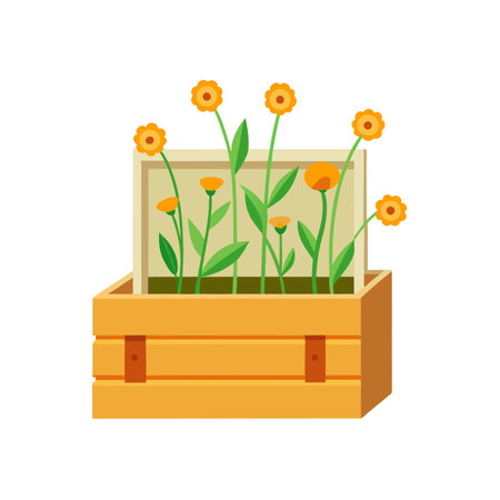Wooden Planter Box with Orange Flowers - Spring Gardening Illustrationのイラスト素材