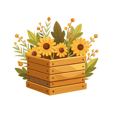Yellow Daisy Flowers and Berries Arrangement in Wooden Box Illustrationのイラスト素材