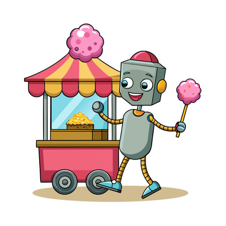 Cartoon Robot Selling Candy and Popcorn from Cart, Isolated Illustrationのイラスト素材