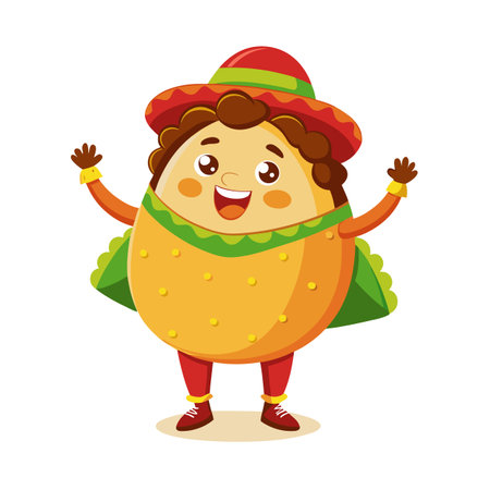 Cute Taco Cartoon Character Celebrating Cinco de Mayo with Arms Upのイラスト素材