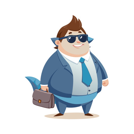 Cartoon Shark Businessman in Blue Suit Holding Briefcase Vector Illustrationのイラスト素材