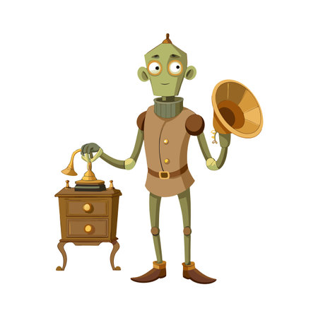 Retro Robot with Gramophone and Antique Table, Cartoon Style Illustrationのイラスト素材