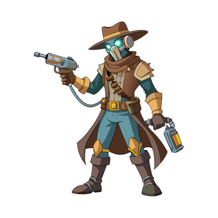 Cartoon Steampunk Character with Gas Mask, Hat, and Sci-Fi Weaponsのイラスト素材