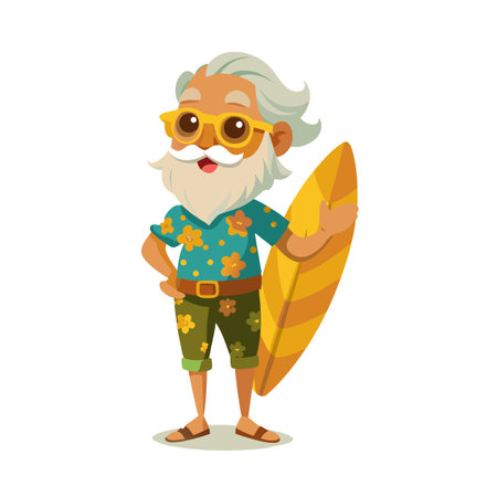 Cartoon Santa Claus Surfer with Surfboard: Summer Vacation, Holiday Funのイラスト素材