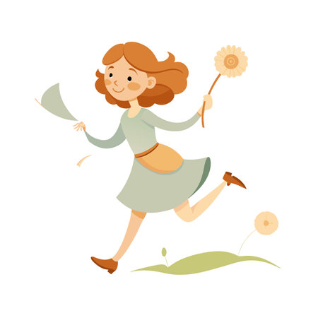 Happy Girl Running with Dandelion and Paper Sheet: Vector Illustrationのイラスト素材