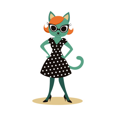 Stylish Cat Character in Polka Dot Dress and Glassesのイラスト素材