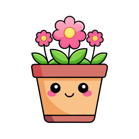 Cute Flower Pot with Flowers, Kawaii Style Illustration, Vector Graphicのイラスト素材
