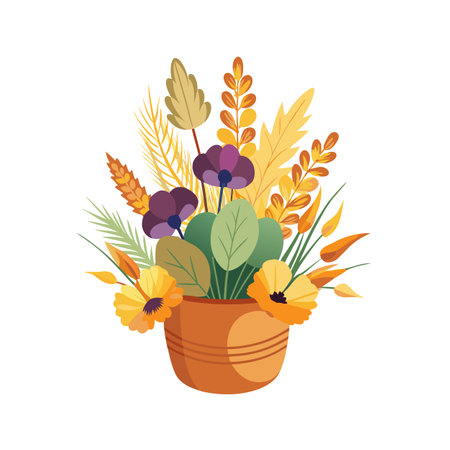 Autumn Flower Arrangement in Clay Pot with Poppies and Wheatのイラスト素材