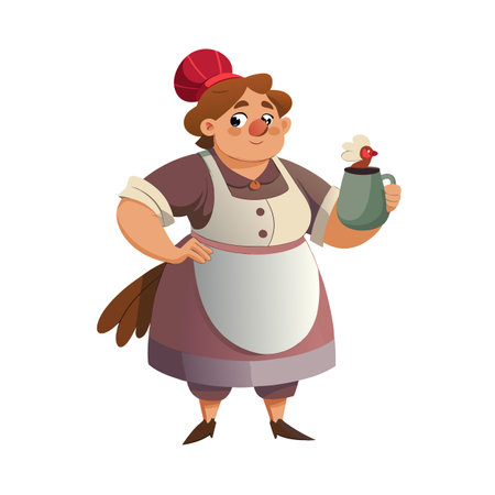 Friendly Cartoon Woman in Apron with Chicken Mug Illustrationのイラスト素材