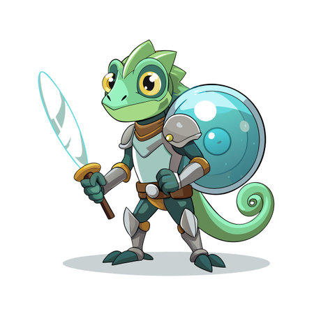 Cartoon Chameleon Warrior with Sword and Shield, Isolated on White Backgroundのイラスト素材