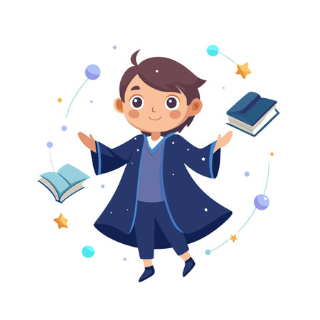 Cartoon Boy Wizard Levitation Books, Magical Illustration, Education Concept, Children Illustrationのイラスト素材