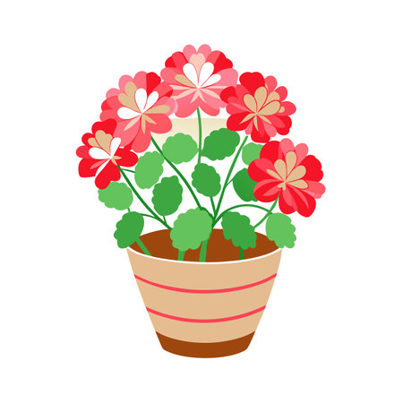 Potted Red Geraniums Illustration: Simple Design with Floral Element and Striped Potのイラスト素材