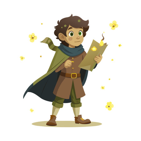 Young Adventurer Boy Reading Map with Cape and Flowers Illustrationのイラスト素材