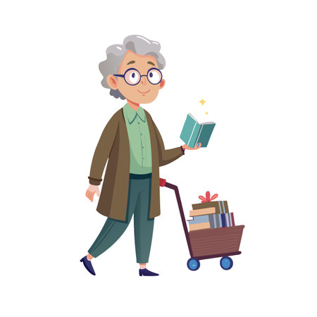 Grandmother Reading Book While Shopping with Cart Full of Giftsのイラスト素材