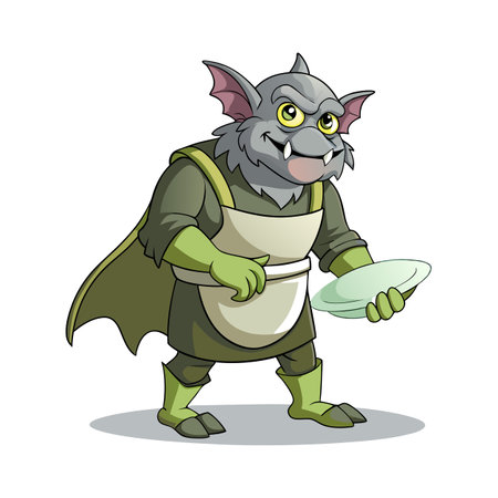 Cartoon Gargoyle Doing Dishes: Illustration of a Monster with Apronのイラスト素材