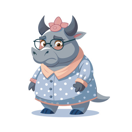 Sad Cow Cartoon Character Wearing Pajamas and Glasses on White Backgroundのイラスト素材