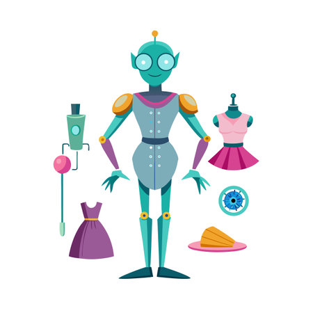 Fashion Robot Concept: A Stylized Robot Surrounded by Clothing and Accessoriesのイラスト素材