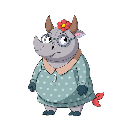 Cartoon Rhinoceros in Polka Dot Dress with Flower and Glasses Illustrationのイラスト素材