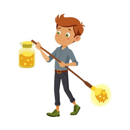 Cartoon Boy with Honey Jar and Glowing Light, Fantasy Illustrationのイラスト素材