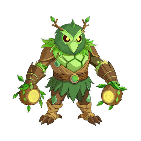 Guardian Owl Forest Spirit Cartoon Character Illustration With Log Mace Weaponのイラスト素材