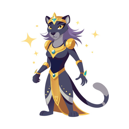 Cartoon Panther Queen Illustration with Crown and Golden Royal Attireのイラスト素材