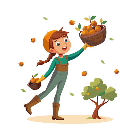 Happy Girl Harvesting Oranges in Orchard Cartoon Illustration Vectorのイラスト素材