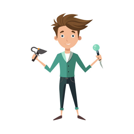 Cartoon Man Holding Hairdressing Tools: A Hair Dryer and a Mirrorのイラスト素材