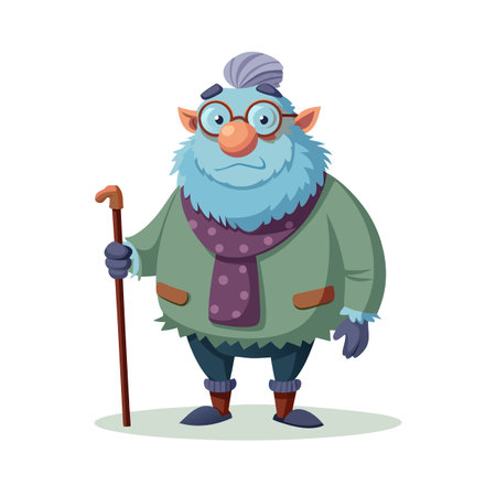 Cartoon Elderly Troll Character with Cane, Glasses, and Cozy Winter Outfitのイラスト素材