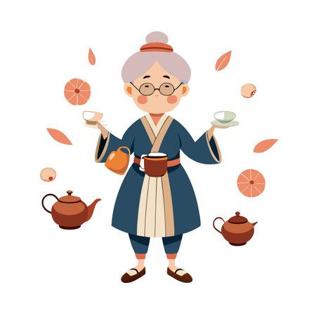 Grandma with Tea Service Illustration: Teapots, Cups, and Comforting Cartoon Characterのイラスト素材