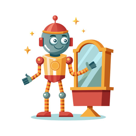 Cartoon Robot Looking in Mirror: Futuristic Reflection and Retro Styleのイラスト素材