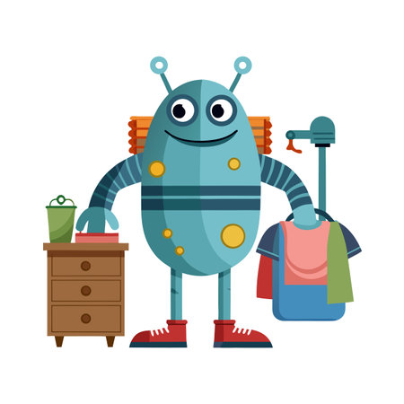 Cute Robot Housekeeping with Wardrobe, Dresser and Cleaning Supplies Illustrationのイラスト素材
