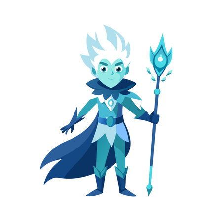 Cartoon Ice Mage Character with Staff in Blue Tones Illustrationのイラスト素材