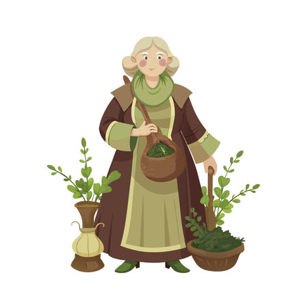 Herbalist Woman with Herbs, Botany, and Traditional Remedies Illustrationのイラスト素材