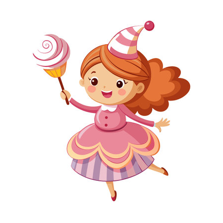 Cartoon Girl in Party Dress with Lollipop: Joyful Celebration Illustrationのイラスト素材