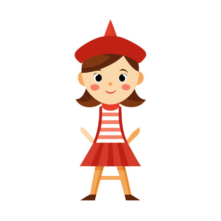 Cartoon Girl in Red Dress with Beret - Vector Illustrationのイラスト素材