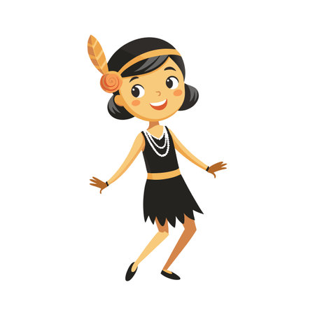 Cartoon Girl in 1920s Flapper Dress Dancing, Isolated on Whiteのイラスト素材